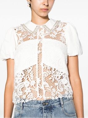 Self-Portrait White Bejeweled Collar Lace Puff-Sleeve Blouse